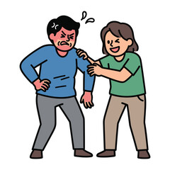 Fototapeta premium Conflict Resolution: A stylized illustration captures a tense moment where a person attempts to de-escalate conflict with another person, conveying communication and compromise.