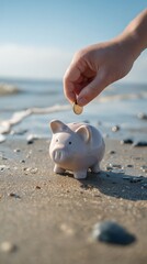 Hand placing coin into piggy bank at seaside illustrating money management for holidays