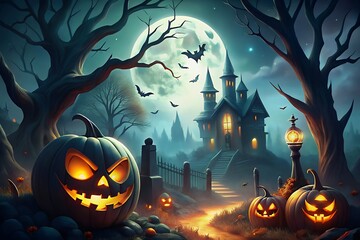 Spooky halloween night with jack o lanterns and haunted castle under full moon