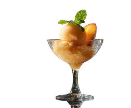 Peach sorbet with mint and peach slice, isolated on transparent background