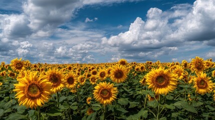 Obraz premium Sunflower field under a bright blue sky with fluffy clouds in summer