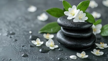 Stacked smooth black stones with delicate white flowers and green leaves on a wet dark surface
