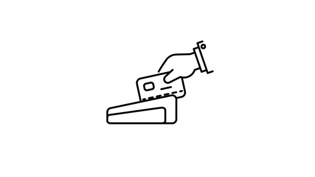 "Credit card payment line icon animation showing hand inserting card, digital transaction, banking, finance, shopping, electronic payment, minimal design"