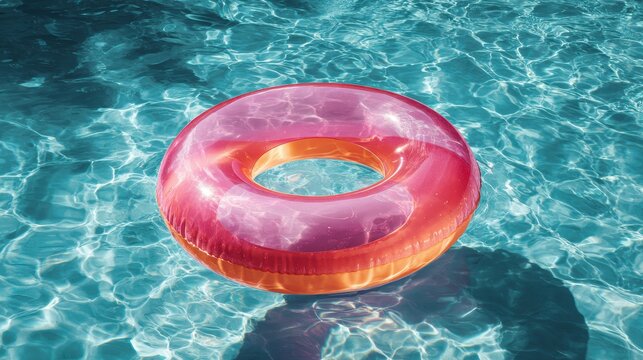 Bright inflatable float ring drifts in clear swimming pool water on a sunny day