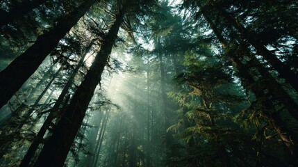 Naklejka premium Sunlight filters through tall trees in a dense forest during early morning hours