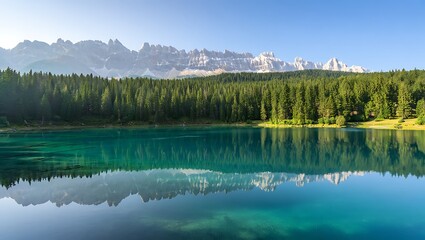 Majestic mountain range reflected in tranquil turquoise lake surrounded by dense green forest mountains