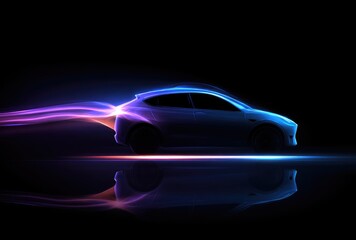 Sleek electric car, rendered in vibrant blue and purple light trails against a black background, reflecting on a glossy surface, suggesting speed and futuristic design