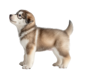 Alaskan malamute puppy standing and looking up isolated on transparent background