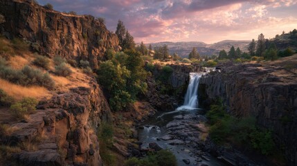 Waterfall cascading over rocky cliffs at sunset in a serene natural landscape