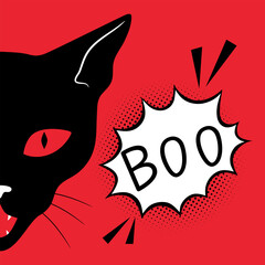 Black cat is peeking out of the corner and saying Boo. Scary black cat with a speech bubble on red background. Vector illustration