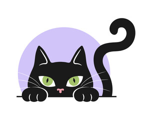Hiding and peeking black cat with green eyes and wriggling tail. Curious cat icon. Vector illustration
