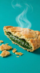 Spinach Pie Slice with Steam on Blue Background