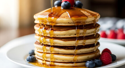 Stack of Pancakes with Syrup and Berries
