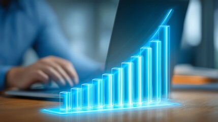 A glowing, ascending bar graph visually represents growth and progress, superimposed over a blurred image of someone working on a laptop, symbolizing data-driven success and technological advancement.