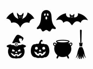 Collection of halloween icons including bats ghosts pumpkins witch hat cauldron and broom silhouette isolated on white background