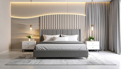Luxurious contemporary bedroom with a designer upholstered bed and a sophisticated backlit feature wall creating a serene and stylish ambiance