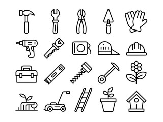 Obraz premium Collection of construction and gardening tool icons silhouette isolated on white background