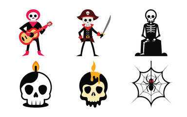 Vector art of collection of halloween themed cartoon characters and symbols including skeletons, skulls, a pirate, a spider, and a candle