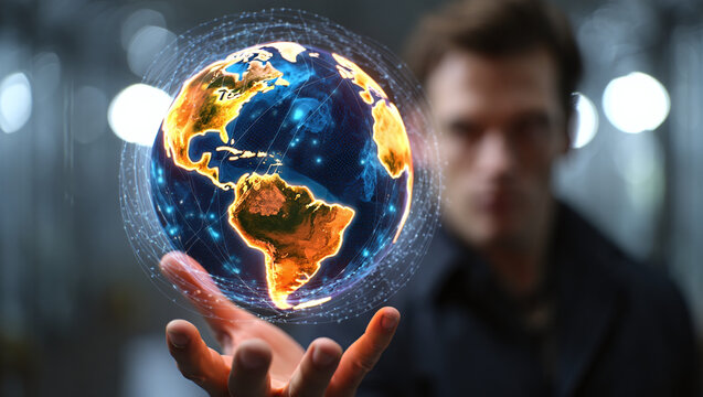 Man holding a glowing digital Earth hologram, representing global technology and connection