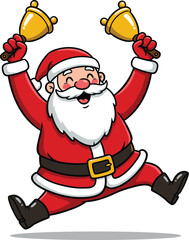 Cartoon Santa Claus jumping joyfully with golden bells, festive Christmas illustration, cheerful holiday celebration, merry winter season, happy holiday character design