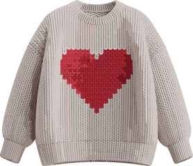 Cozy knitted sweater with red heart design, warm winter fashion, stylish pullover, cute love-themed clothing, comfortable casual knitwear for women