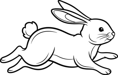 Cute cartoon rabbit illustration, black and white bunny outline drawing, running hare coloring page, adorable animal line art, children activity design