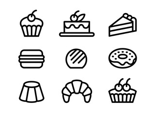Collection of sweet pastry icons including cake donut croissant and cupcake silhouette isolated on white background