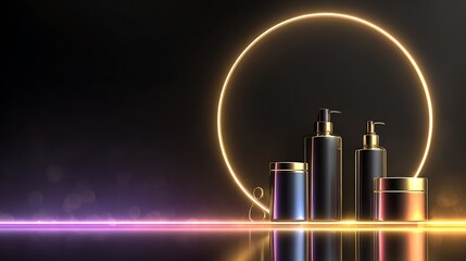 Cosmetic bottles and jars displayed against a neon circle on a reflective surface in a dark setting