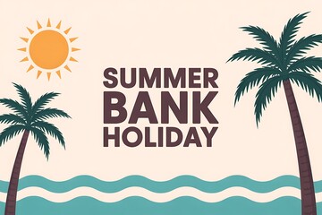 Celebrate the sun-drenched joy of summer bank holiday with iconic palm trees and ocean waves, a perfect scene for seasonal promotions.