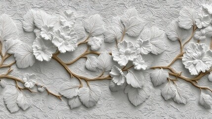 Ornate, white floral relief on light gray textured wall