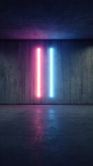 Fototapeta premium Two vibrant neon lights, pink and blue, illuminate a dark, empty concrete room, reflecting on the polished floor
