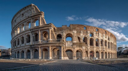 Fototapeta premium Exploring the grandeur of the Colosseum in Rome at sunset with clear blue skies