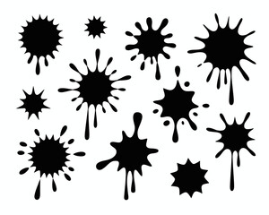 Collection of black ink splatter and splash silhouettes isolated on white background
