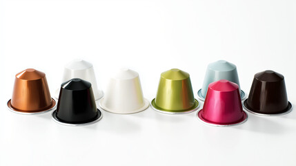 Coffee capsules set in different colors, (clean modern detail, white isolated background
