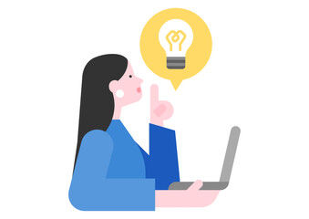 ノートパソコンを使うひらめいた顔をしたビジネスウーマンと電球のイラスト