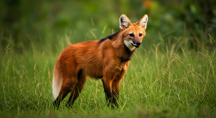 Full-body wildlife photo of rare Amazon maned wolf walking through tall grass with glowing red-orange fur and photorealistic detail