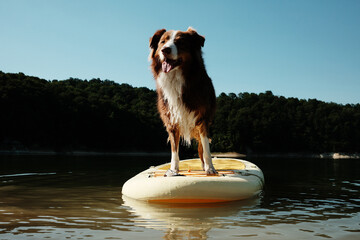 Wet brown Australian Shepherd standing on a paddle board in shallow water on a sunny day. Happy pet outdoor, summer activities