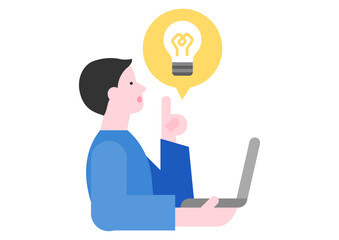 ノートパソコンを使うひらめいた顔をしたビジネスマンと電球のイラスト	