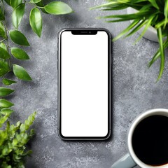 Smartphone with blank screen surrounded by plants and a cup of coffee on a gray background table top view