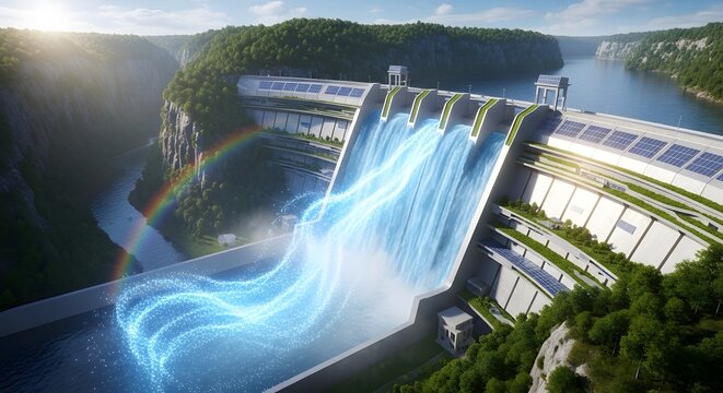Aerial view of a modern hydroelectric dam with cascading water and a vibrant rainbow.