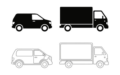 Collection of van and truck icons in silhouette and outline styles isolated on white background silhouette