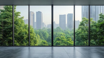 A modern building's large windows frame a verdant forest and a distant cityscape on a hazy day, with reflective flooring