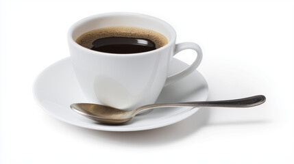 Obraz premium Coffee cup with saucer and spoon beside, (clean modern detail, white isolated background