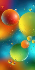 Vibrant, colorful spheres float in a blurry, iridescent background, with smaller bubbles scattered throughout
