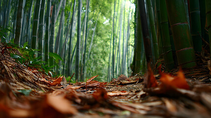 A serene path through a lush green bamboo forest with fallen autumn leaves