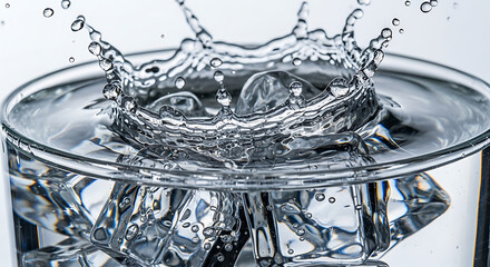 Water splash with ice cubes in a glass