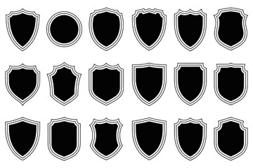Collection of black shield silhouettes with white borders isolated on white background