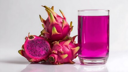 Still life of dragon fruit and a glass of vibrant pink juice on a white surface studio shot