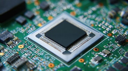Obraz premium Close-up view of a microprocessor on a green circuit board with electronic components