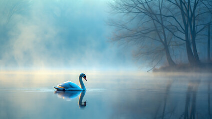 Fototapeta premium Elegant swan glides gracefully through tranquil misty waters at dawn, surrounded by ethereal forest reflections